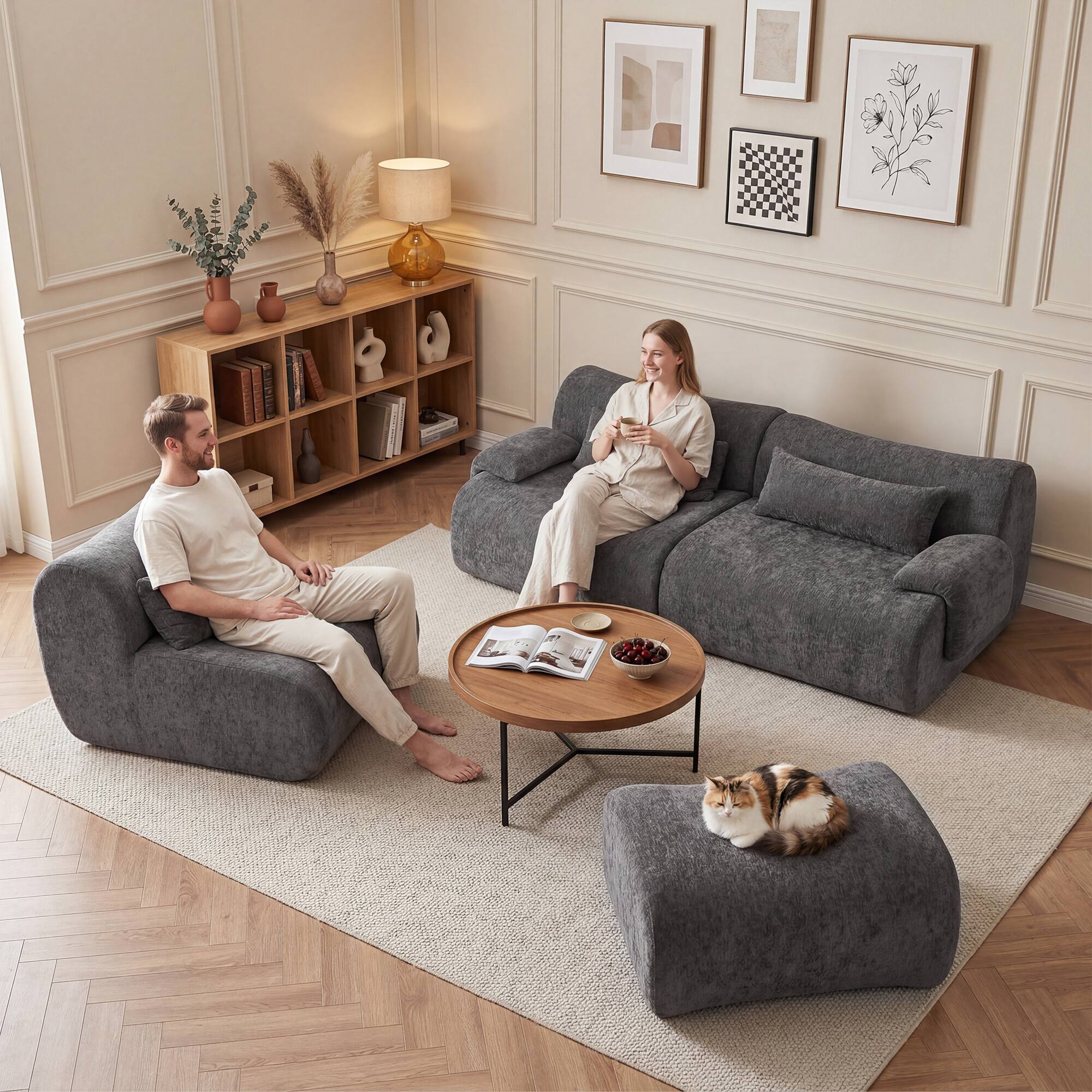 Left. Anysun - Boneless Sofa – 3-Seat High-Quality, Anti-Slip Design, No Assembly, Curved Armrests, Streamlined Design - Grey.