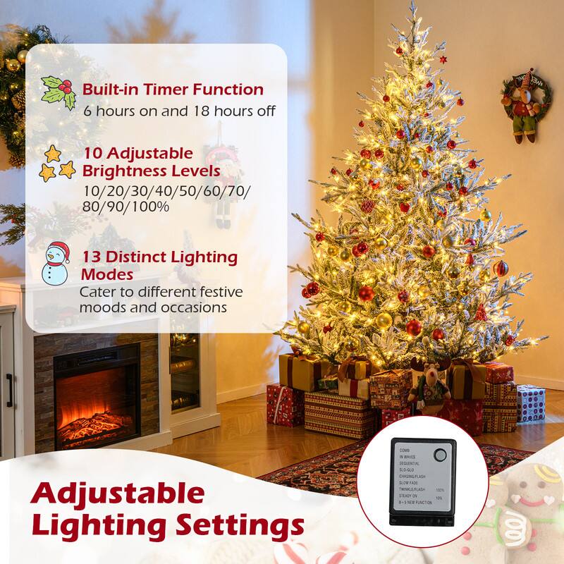 Built-in Timer Function  
6 hours on and 18 hours off  

10 Adjustable Brightness Levels  
10/20/30/40/50/60/70/80/90/100%  

13 Distinct Lighting Modes  
Cater to different festive moods and occasions  

Adjustable Lighting Settings  

COMB  
IMPUS  
SEQUENTIAL  
S.O-GLO  
CHASINGFLASH  
SLOW FADE  
TWINGLEFLASH  
%(20)  
STEADY ON  
10%  
I  
8-5  
15 NEU FUNCTION  
1001