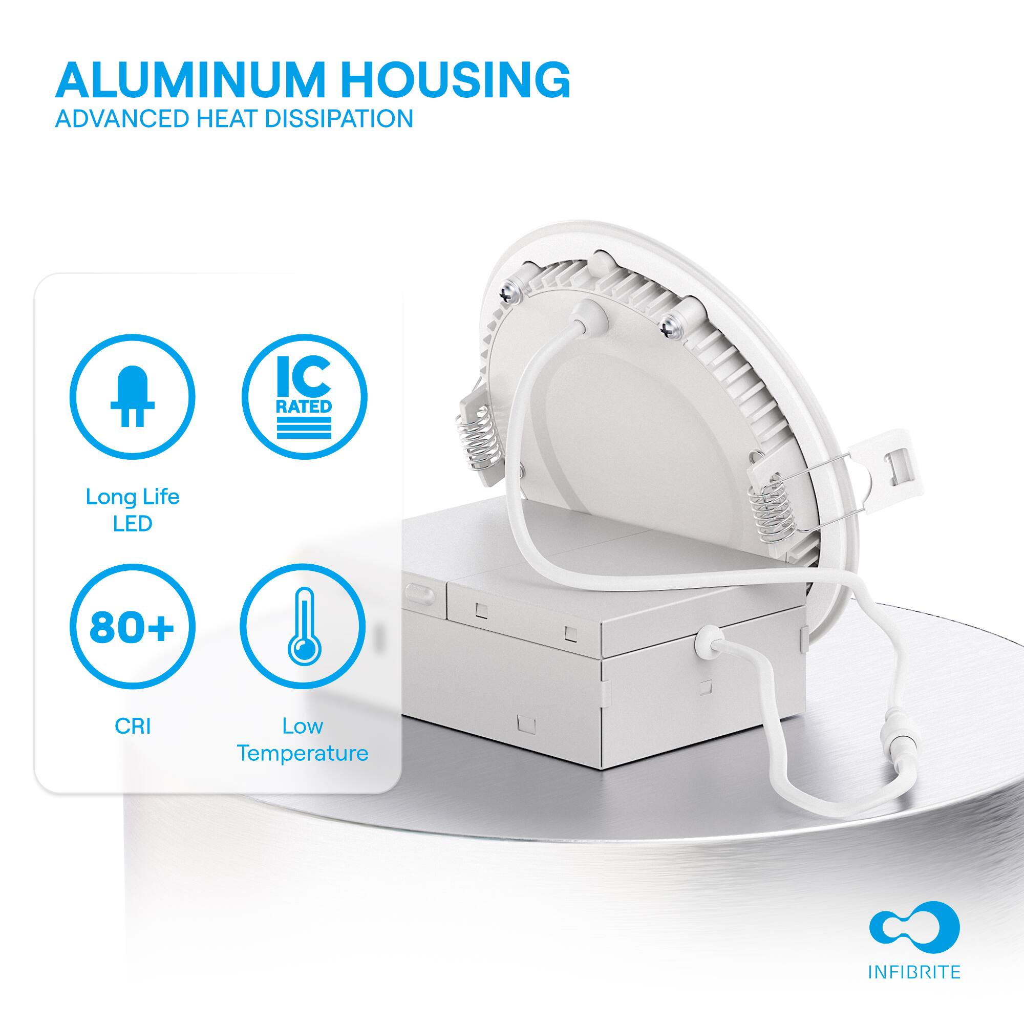 ALUMINUM HOUSING ADVANCED HEAT DISSIPATION IC RATED Long Life LED 80+ CRI Low Temperature INFIBRITE