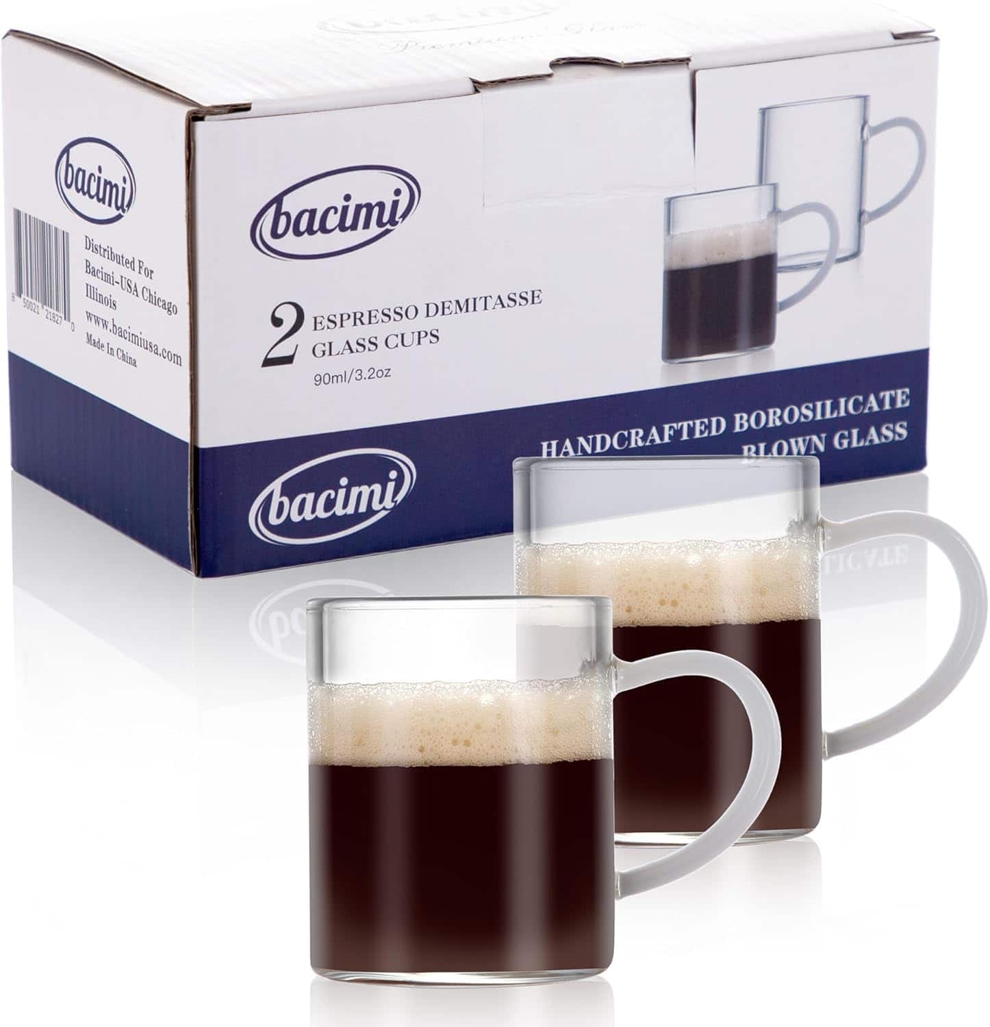 Bacimi - Clear Demitasse Mini Espresso Coffee Cups with White Handles - Set of 2 / 3oz / 90 ML - Borosilicate Glass 3mm Thick - Clear/White