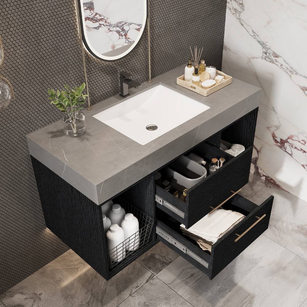 Alt View 2. Loheer - Loheer 39.4 inch floating bathroom vanity Black Wall Mounted Vanity with Sintered Stone Top Ceramic Sink - Black, Gray.