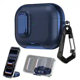 Dteck - Case for AirPods Pro 3rd Gen (2025) with Lock Closure,Stand & Carabiner,Shockproof Leather Texture Earbuds Cover - Blue