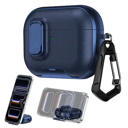 Front. Dteck - Case for AirPods Pro 3rd Gen (2025) with Lock Closure,Stand & Carabiner,Shockproof Leather Texture Earbuds Cover - Blue.