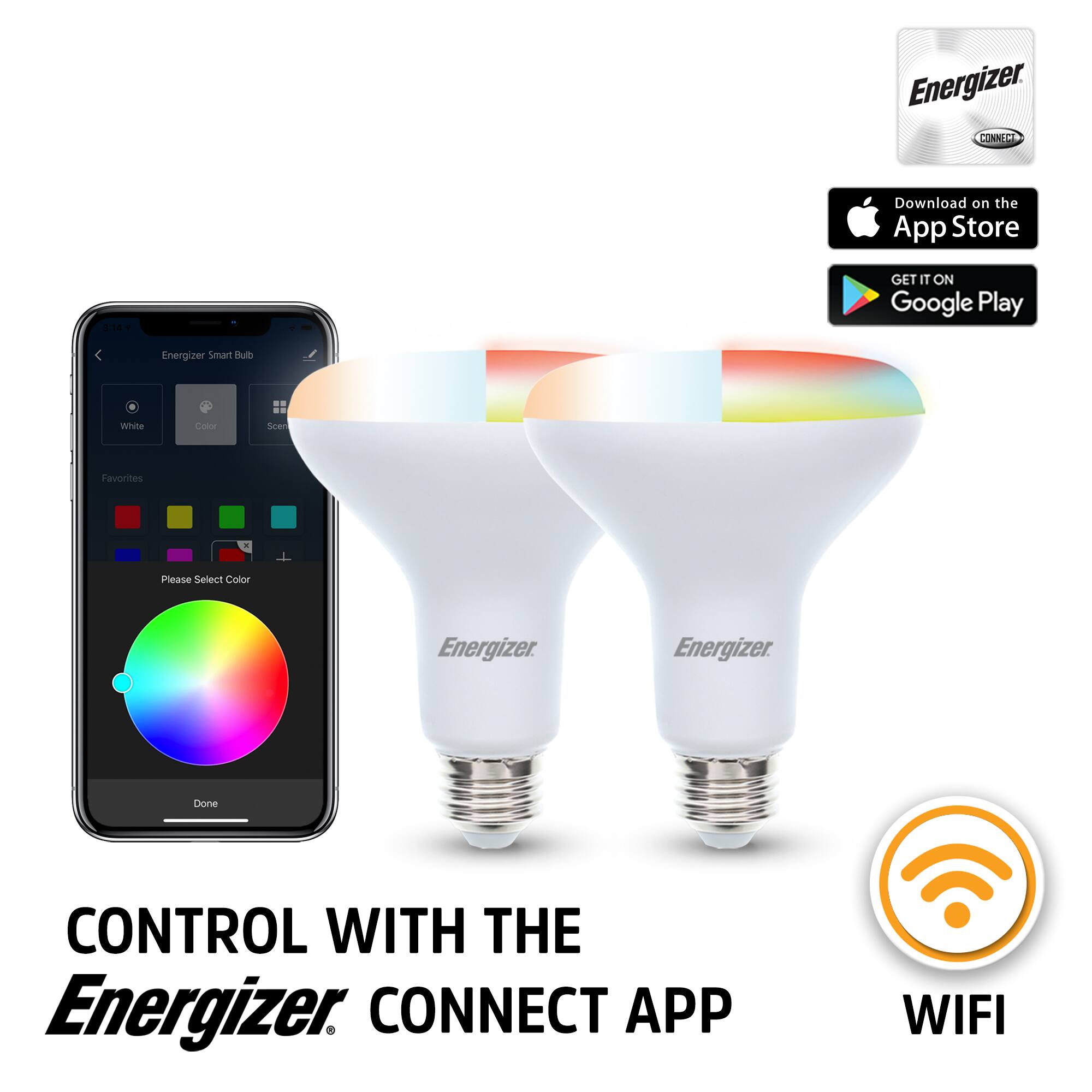 Energizer.  
CONNECT  
Download on the App Store - GET IT ON Google Play  

Energizer Smart Hub  
White Color  
Sxer Favorites - Please Select Color  

Energizer.  
Done  

CONTROL WITH THE Energizer CONNECT APP  
WIFI
