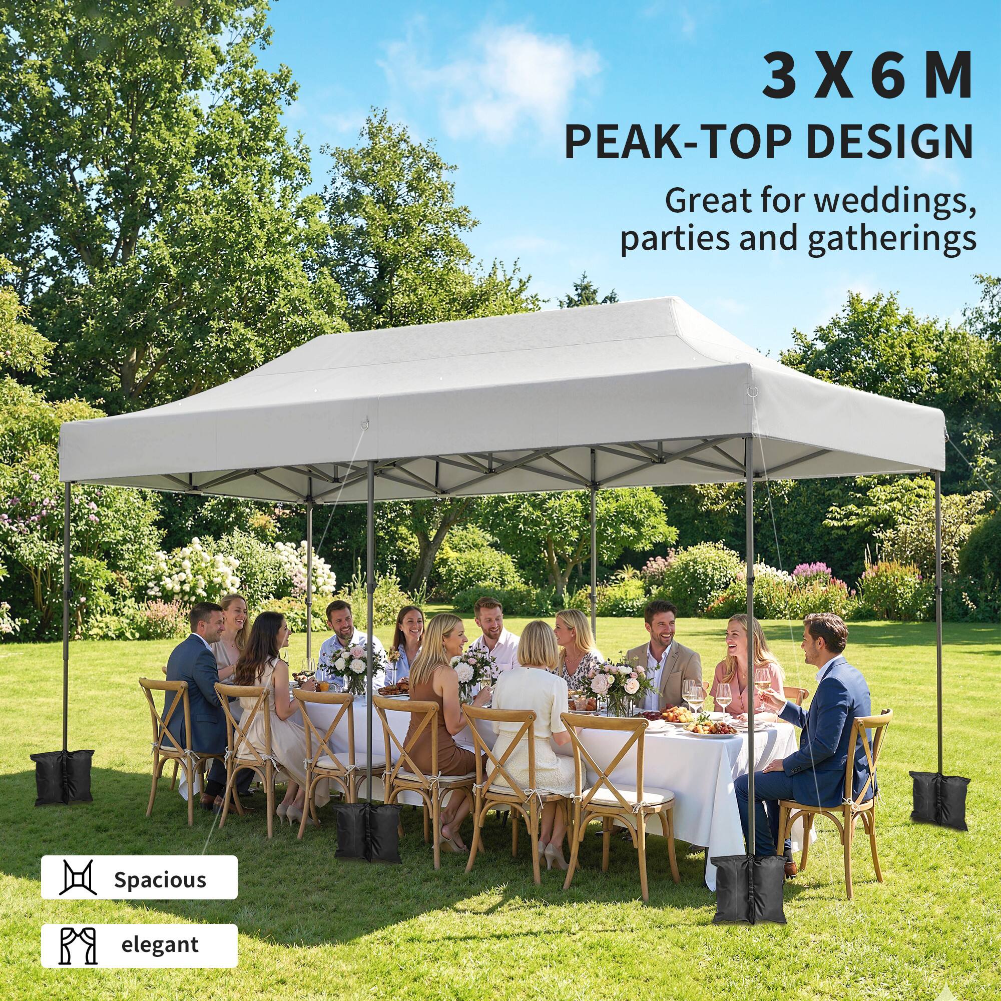 3 X 6 M  
PEAK-TOP DESIGN  
Great for weddings, parties and gatherings  

Spacious  
Elegant