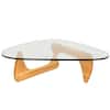 Front. LeisureMod - Imperial Modern Triangular Tempered Glass Coffee Table with Cross-Brace Wooden Base for Home & Living Room - Natural Wood.