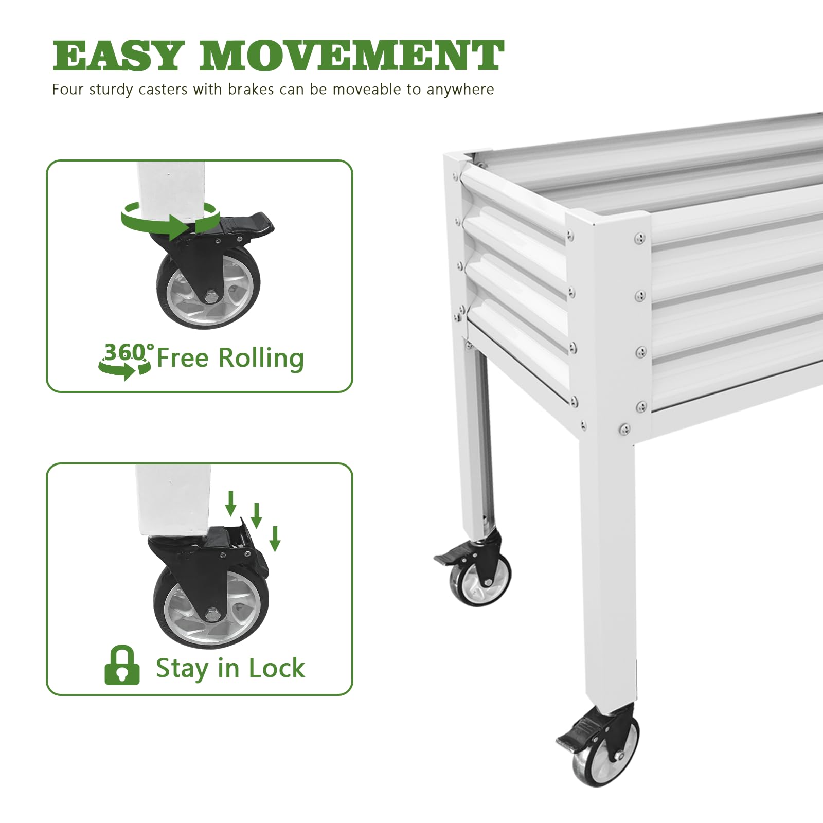 EASY MOVEMENT  
Four sturdy casters with brakes can be moveable to anywhere  

360° Free Rolling  

Stay in Lock