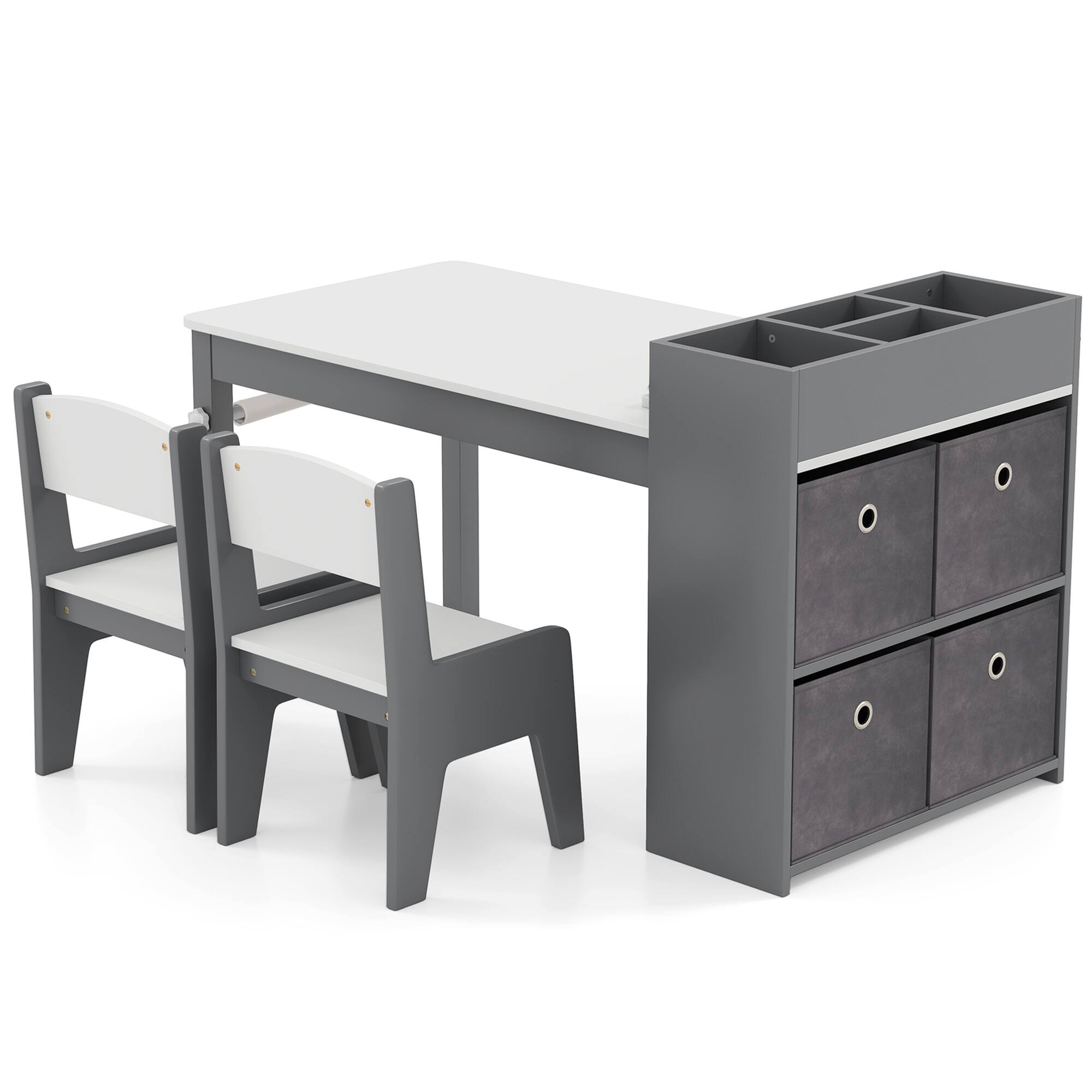 Angle. Costway - Costway Kids Art Table & Chairs Set with Paper Roll Wooden Craft Study Desk Active Play Gray - Gray.