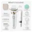 What's Included: Epilator, Body trimmer, Pouch, Massage pad, Skin contact cap, Trimmer comb, II-A, A RODY, Protective cap, Silk-pil 9 Flex, BRHUn, Shaver head, Cleaning brush, Exfoliation brush.