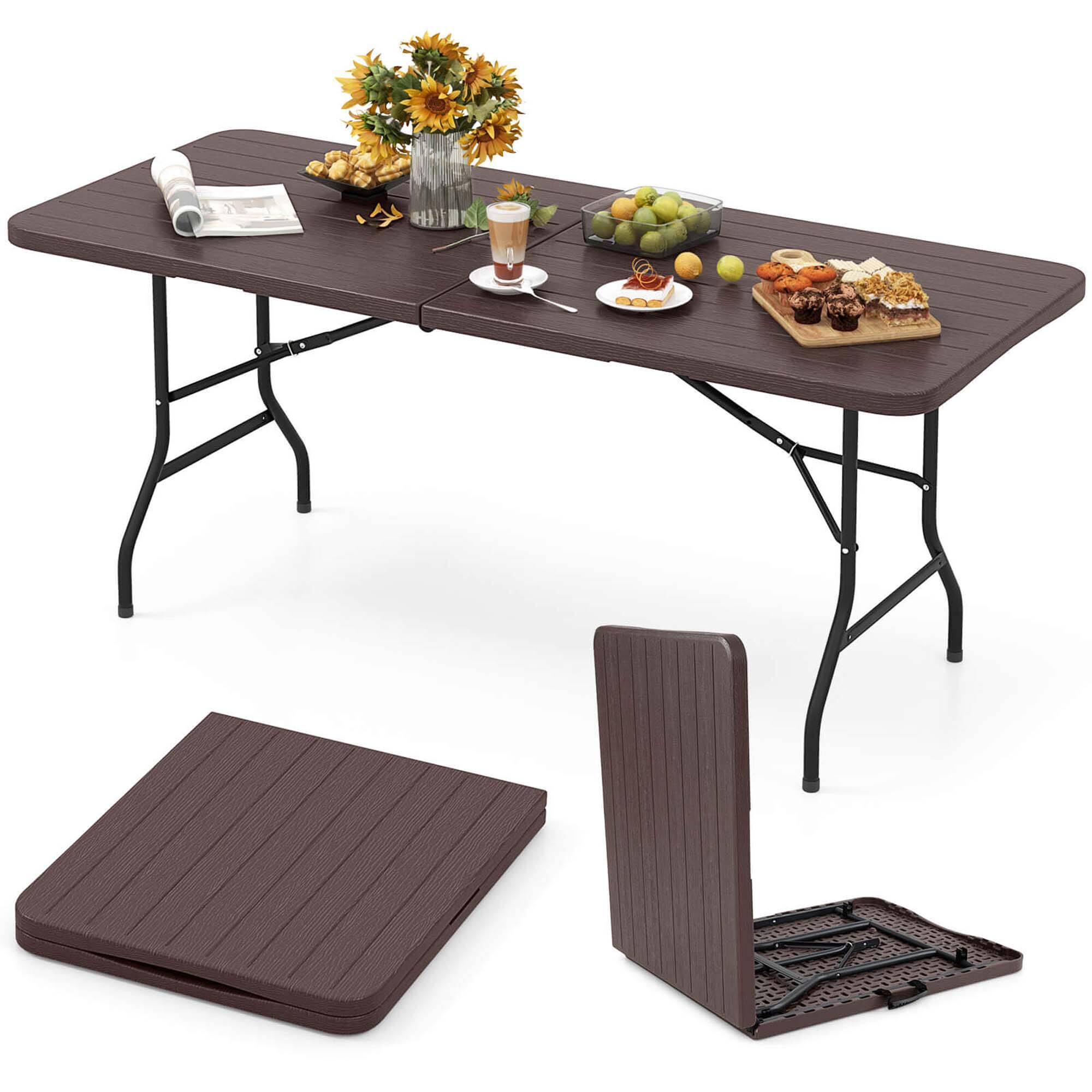 Alt View 9. Costway - Costway 6 ft Portable Folding Table with Wood Grain HDPE Tabletop Safe Lock Mechanism - Brown.