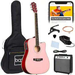 Best Choice Products - Beginner Acoustic Electric Guitar Starter Set 41in w/ Wood Cutaway Design, Gig Bag - Pink