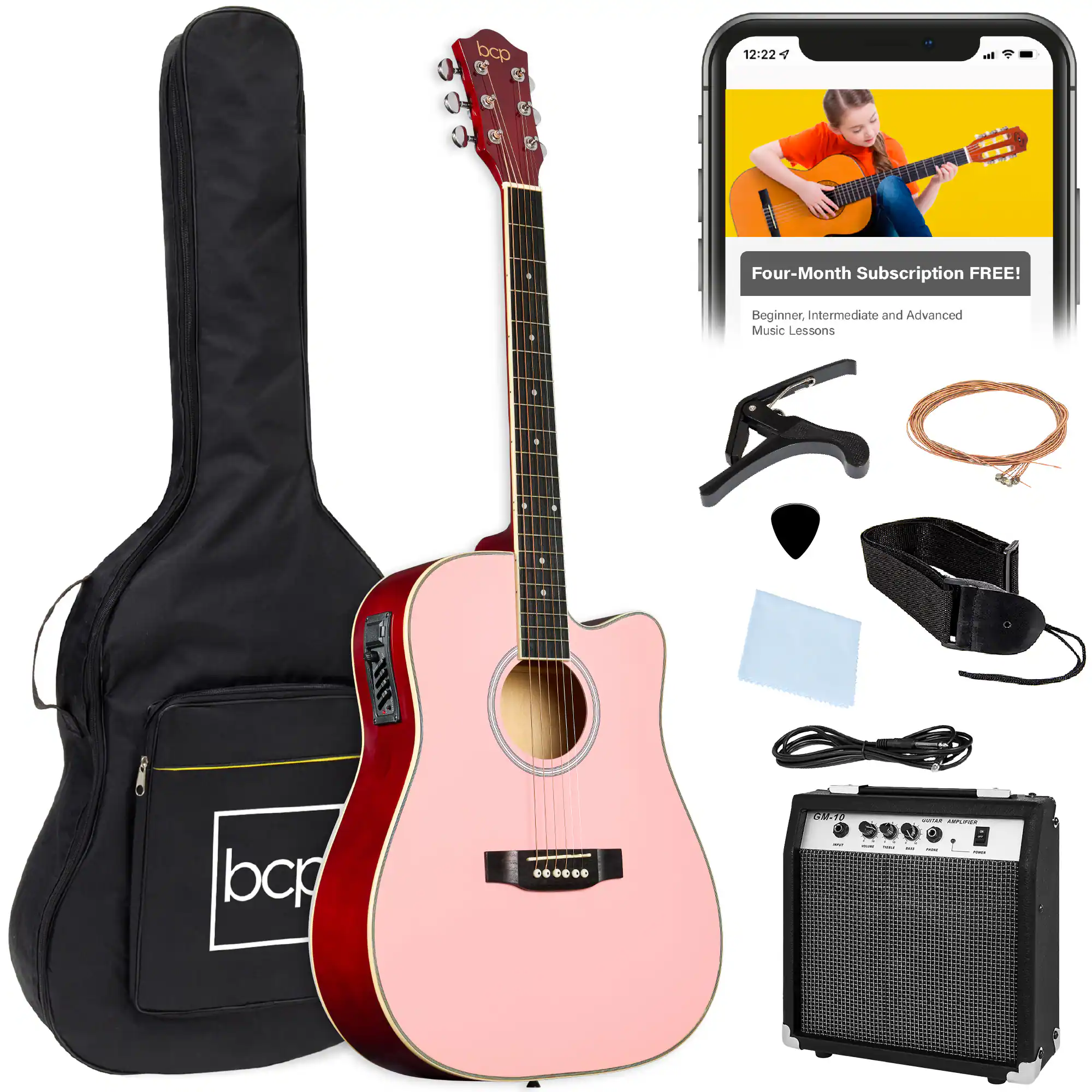 Best Choice Products - Beginner Acoustic Electric Guitar Starter Set 41in w/ Wood Cutaway Design, Gig Bag - Pink
