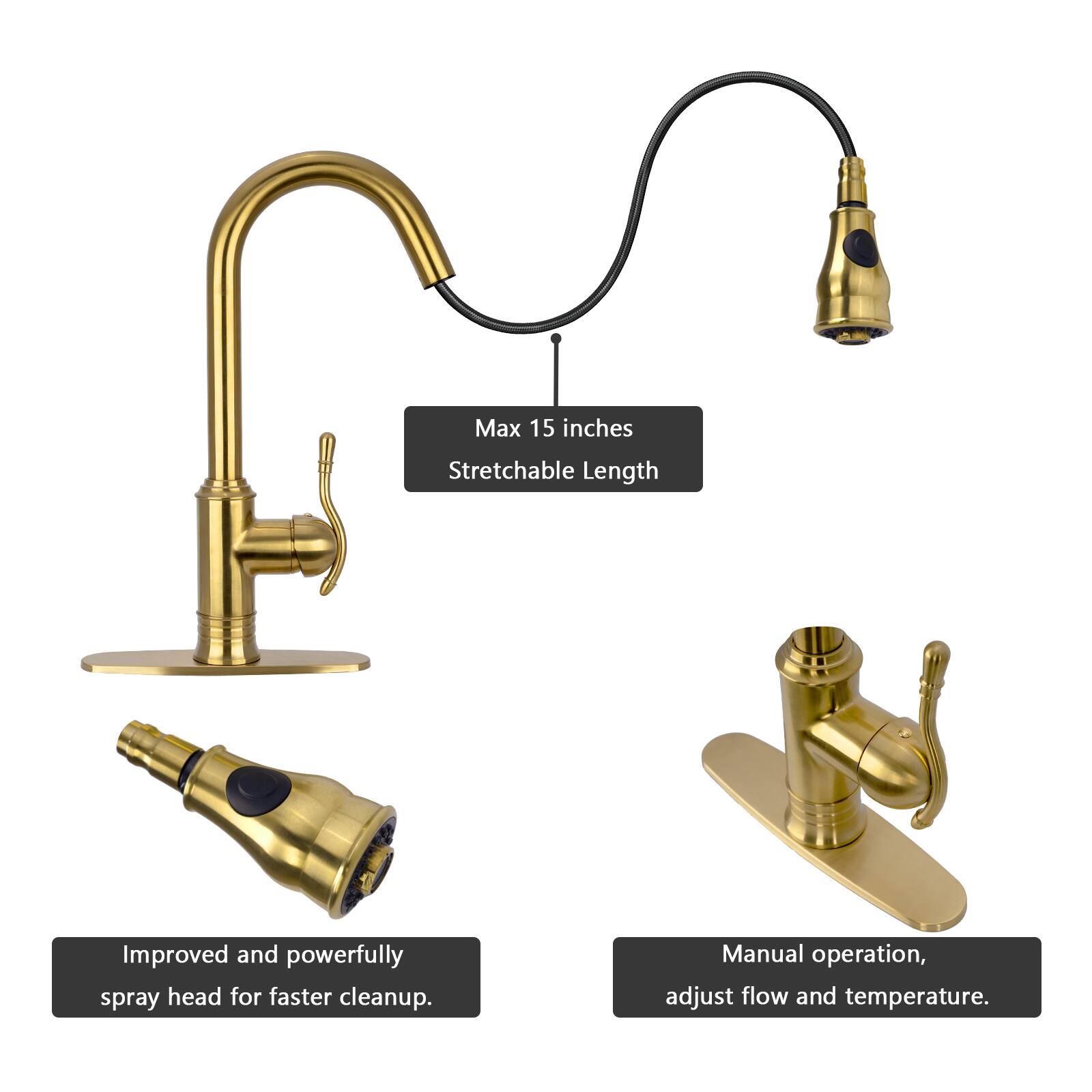 Max 15 inches Stretchable Length  
Improved and powerfully spray head for faster cleanup.  
Manual operation, adjust flow and temperature.