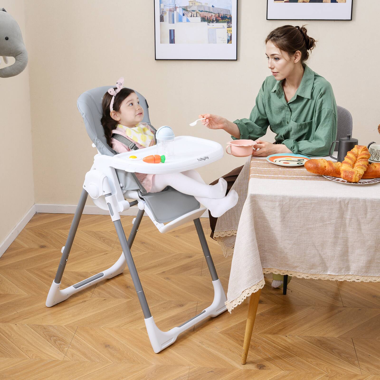 Alt View 3. Gymax - Gymax Foldable Baby High Chair for Babies & Toddlers w/Adjustable Height Relining Seat Light Grey - White.