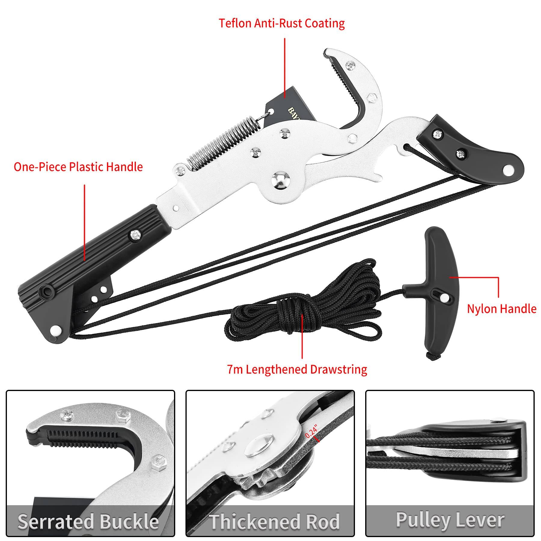 - Teflon Anti-Rust Coating
- One-Piece Plastic Handle
- Nylon Handle
- 7m Lengthened Drawstring
- Serrated Buckle
- Thickened Rod
- Pulley Lever