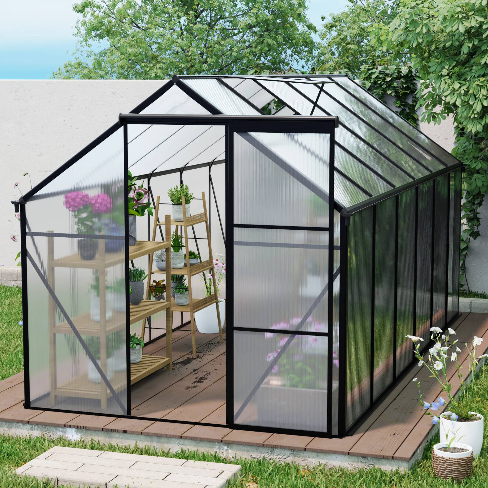 Left. Mondawe - 6x12 FT Heavy-Duty Walk-In Greenhouse with Polycarbonate Panels and Raised Base - Black.