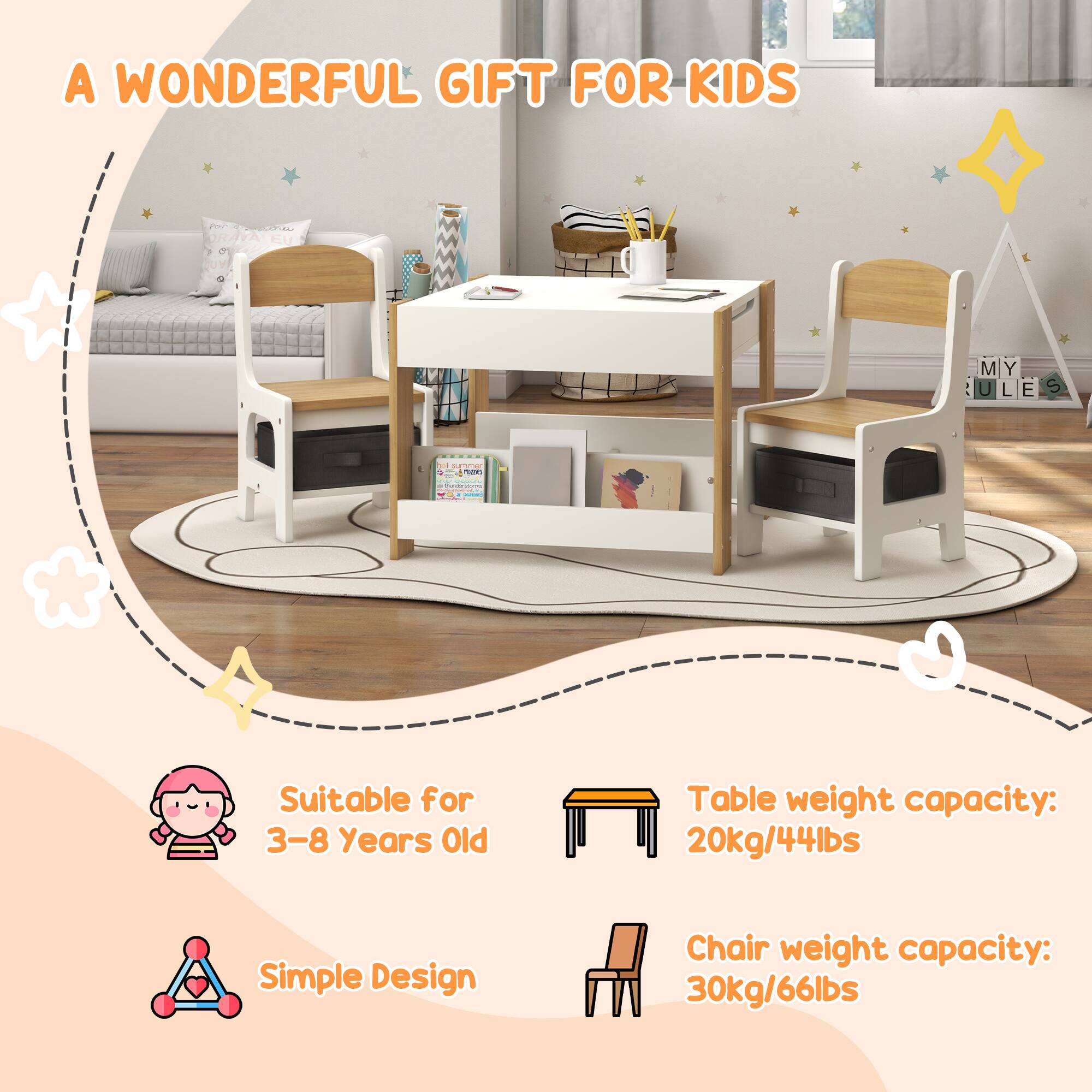 A WONDERFUL GIFT FOR KIDS

Suitable for 3-8 Years Old

Simple Design

Table weight capacity: 20kg/44lbs

Chair weight capacity: 30kg/66lbs