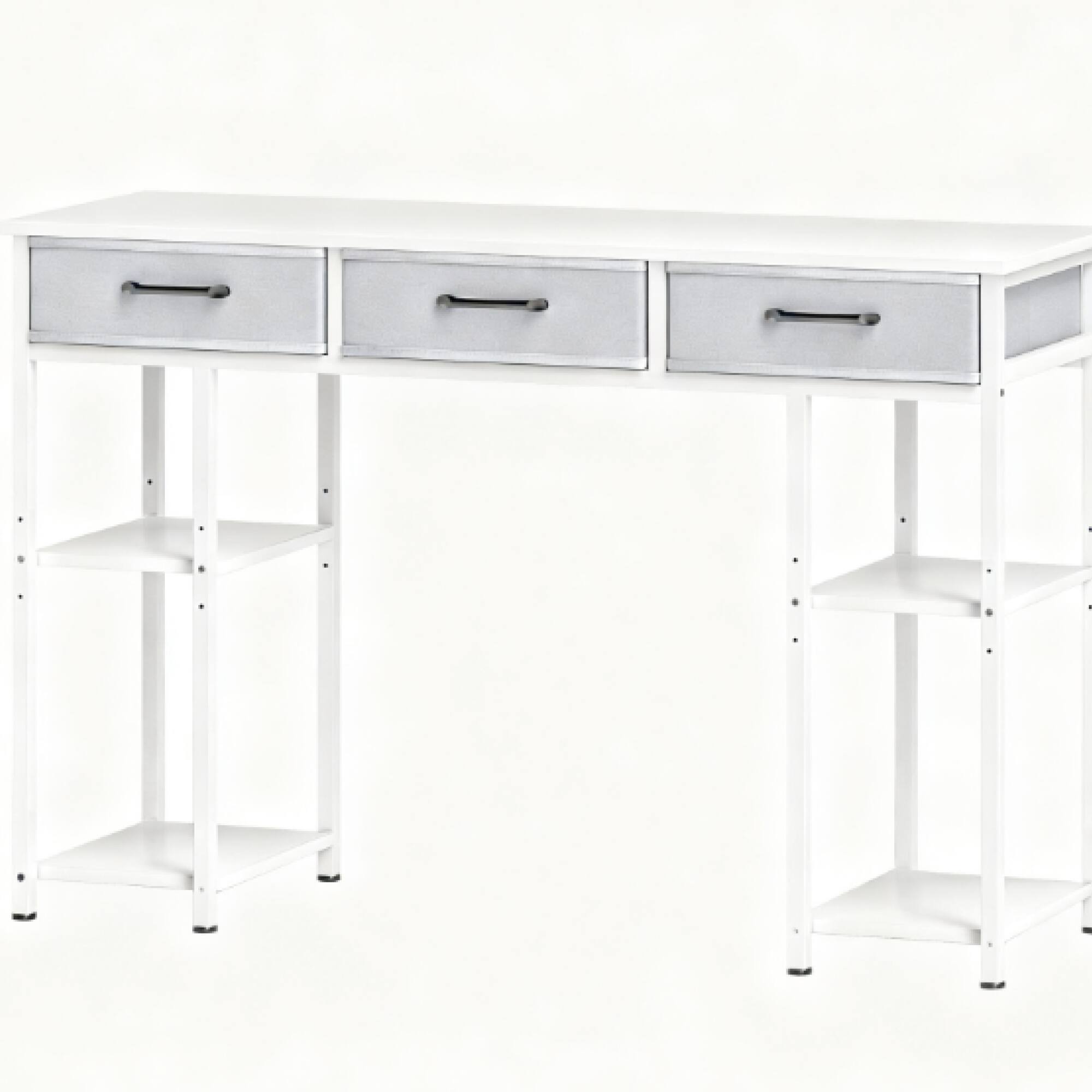 Angle. GOODSILO - Compact Home Office Writing Desk with Fabric Drawers and Adjustable Storage Shelves for Small Spaces - White.