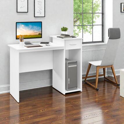 Front. Hivvago - Contemporary PC Desk with Pull-Out Drawer, Customizable Shelf, and Cable-Friendly Design - White.