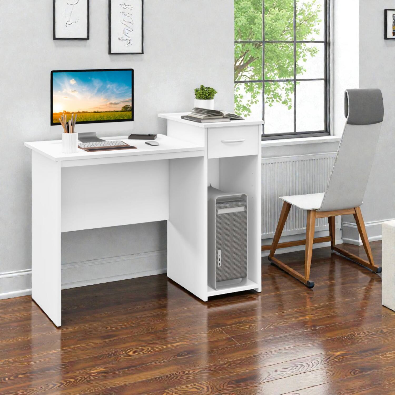Front. Hivvago - Contemporary PC Desk with Pull-Out Drawer, Customizable Shelf, and Cable-Friendly Design - White.
