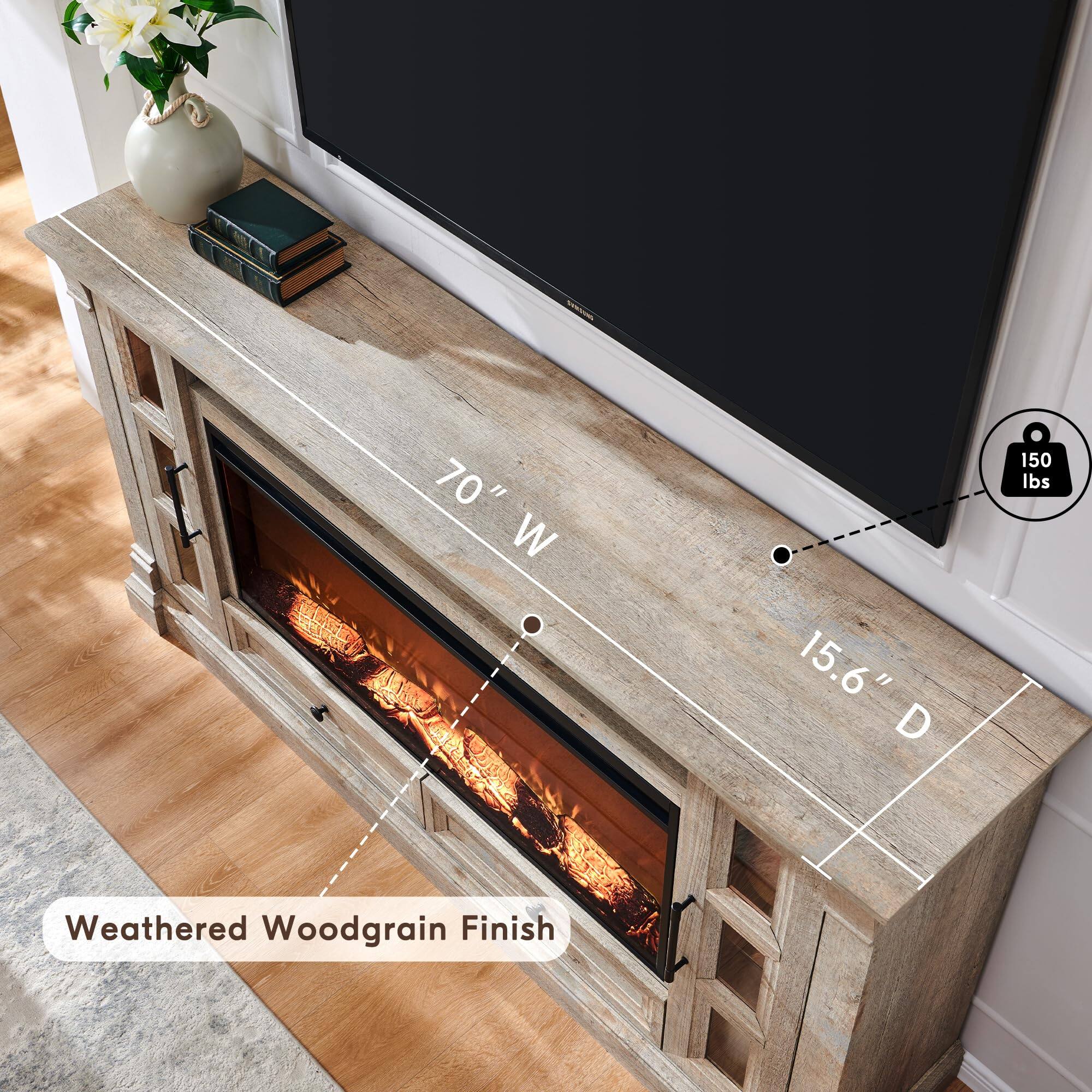 70" W x 15.6" D, 150 lbs, Weathered Woodgrain Finish