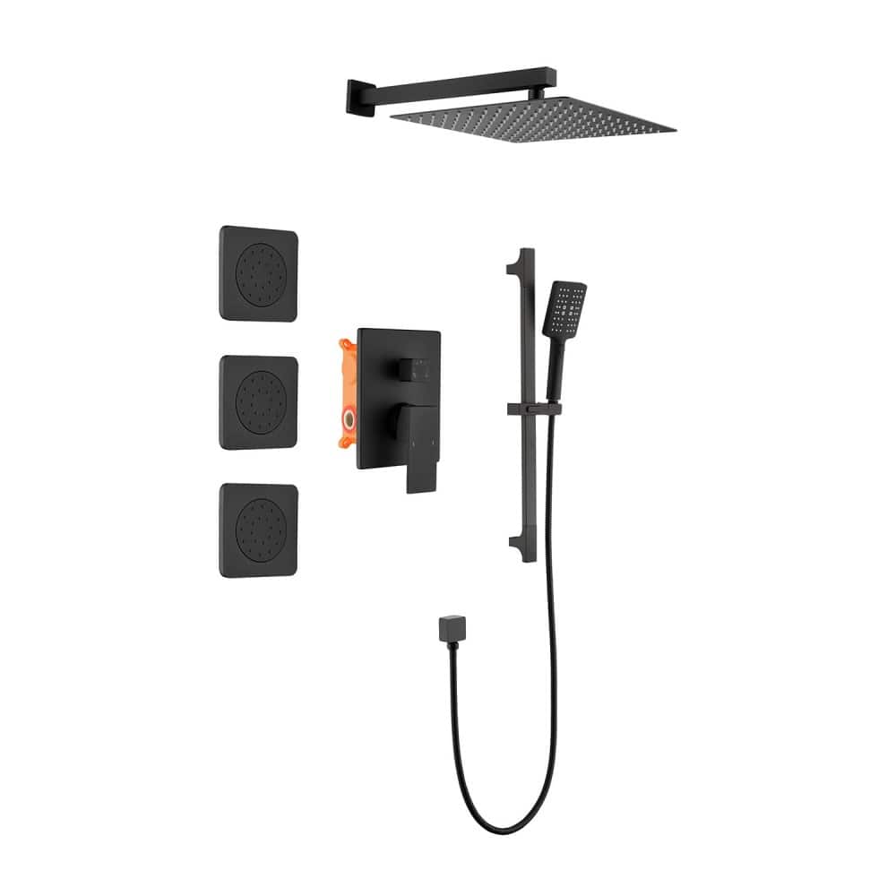 JUJABU - Shower System with Shower Head, Slide Bar, Bodysprays, Shower Arm, Hose, Valve Trim, and Lever Handles - Matte Black