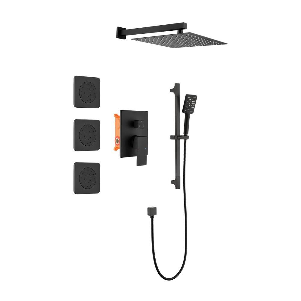Front. JUJABU - Matte Black Shower System with Shower Head, Slide Bar, Bodysprays, Shower Arm, Hose, Valve Trim, and Lever Handles - Matte Black.