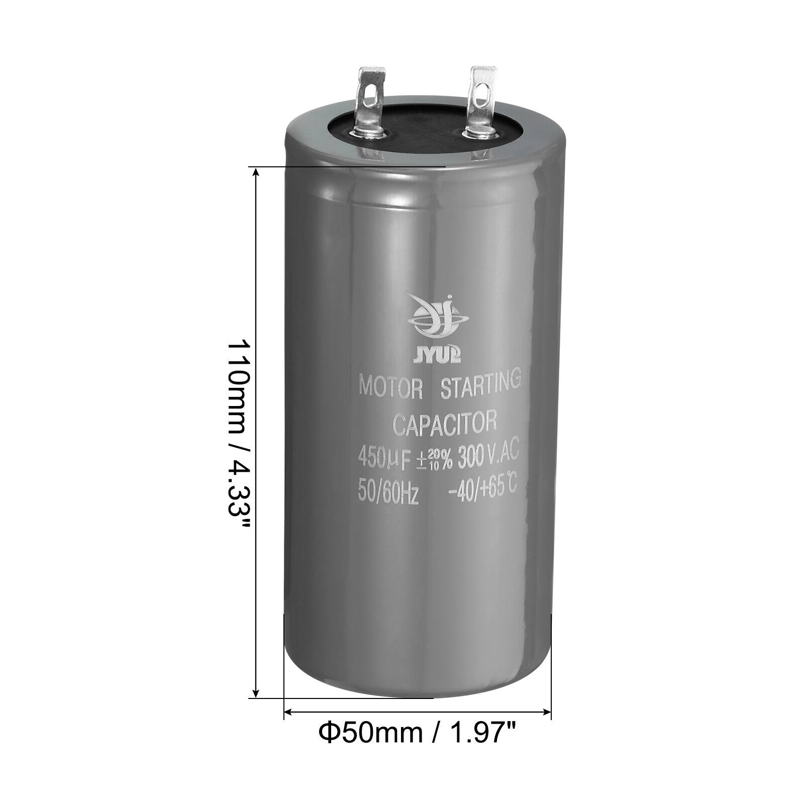 110mm / 4.33"  
JYUR MOTOR STARTING CAPACITOR 450µF 1.20% 300 V.AC 50/60Hz -40/+65°C  
50mm / 1.97"