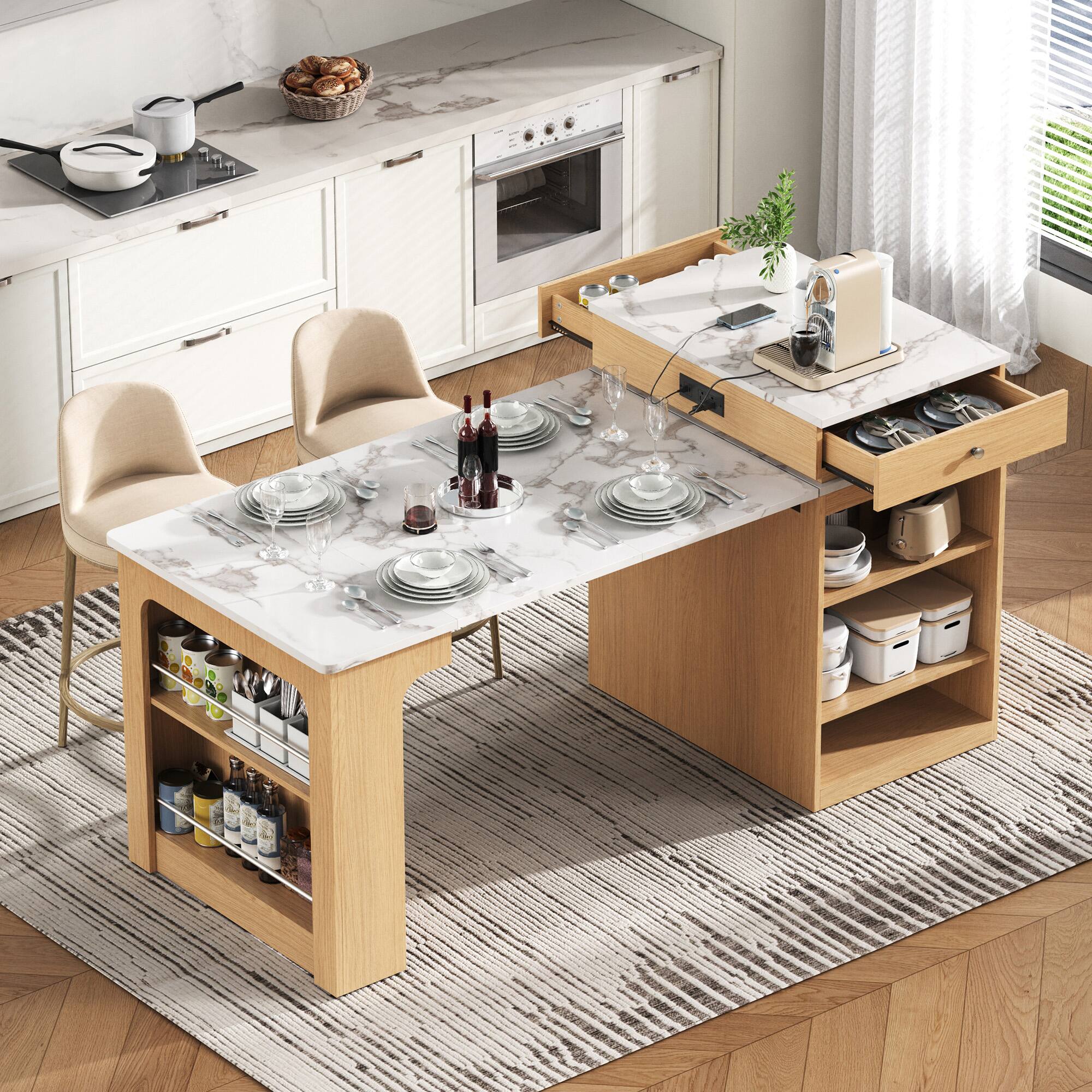 Back. PexFix - 59.5" Kitchen Island Cart with Extendable Dining Table and Built-in Power Outlet - Natural.
