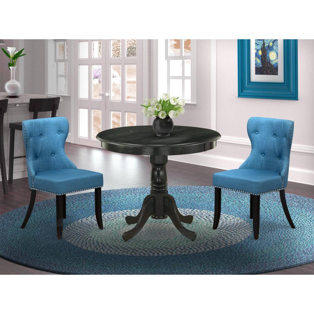 Angle. East West Furniture - East West Furniture 3-Piece Mid Century Modern Dining Set-A Wooden Table and 2 Linen Fabric Modern Dining Chairs with - Multi-Color.