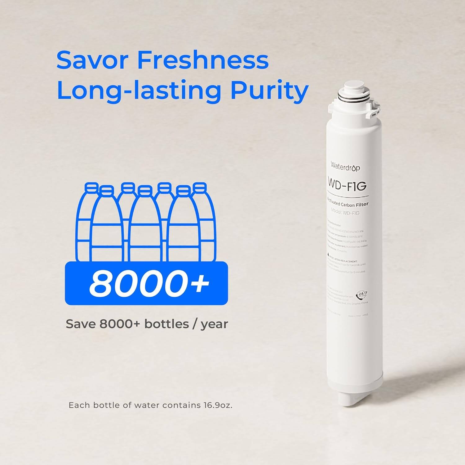 Savor Freshness  
Long-lasting Purity  

8000+  
Save 8000+ bottles / year  

Each bottle of water contains 16.9oz.  

Waterdrop  
WD-F1G  
Activated Carbon Filter  
Model WD-F1G  

241