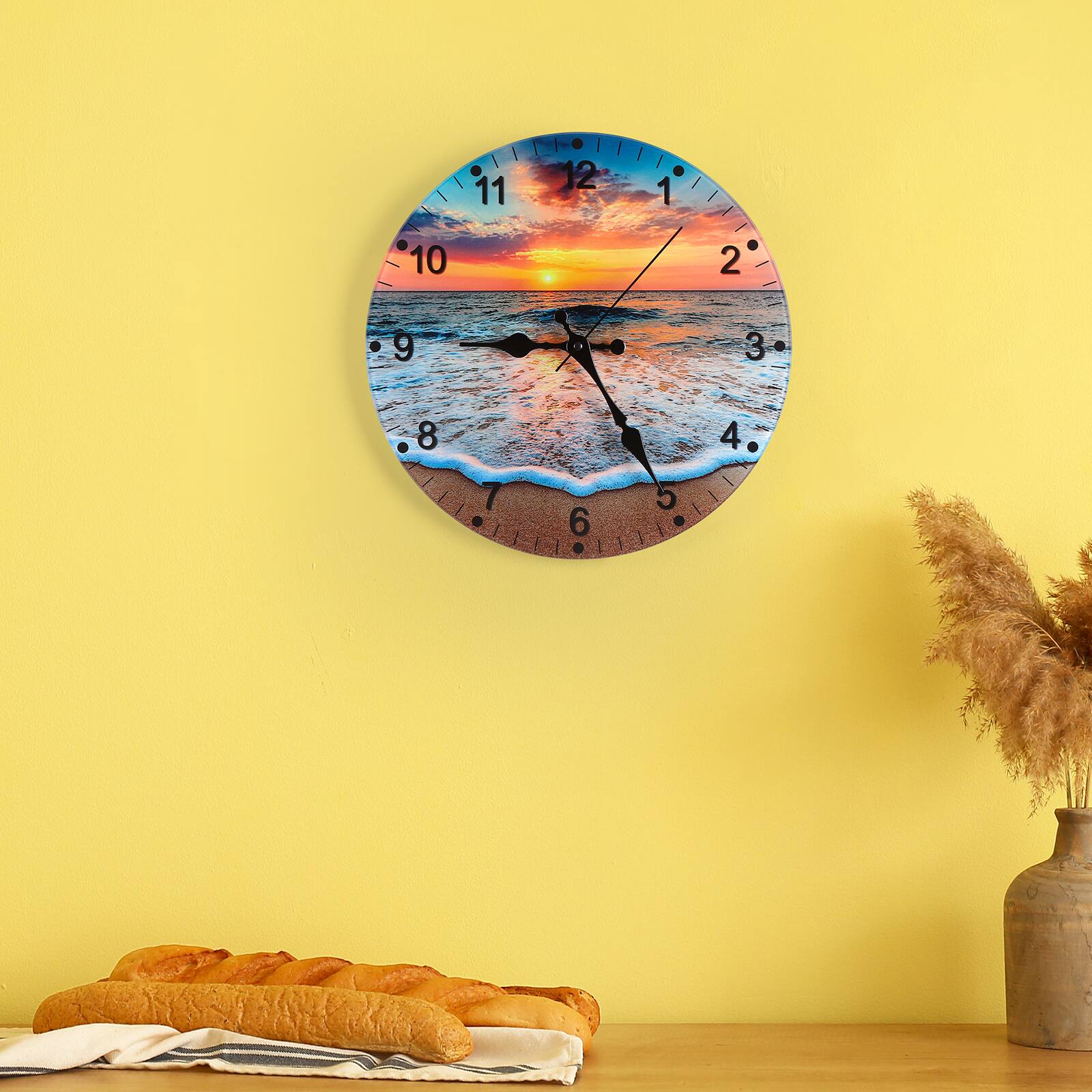 Angle. Oumilen - 12" Beach Sunset Wall Clock - Yellow.
