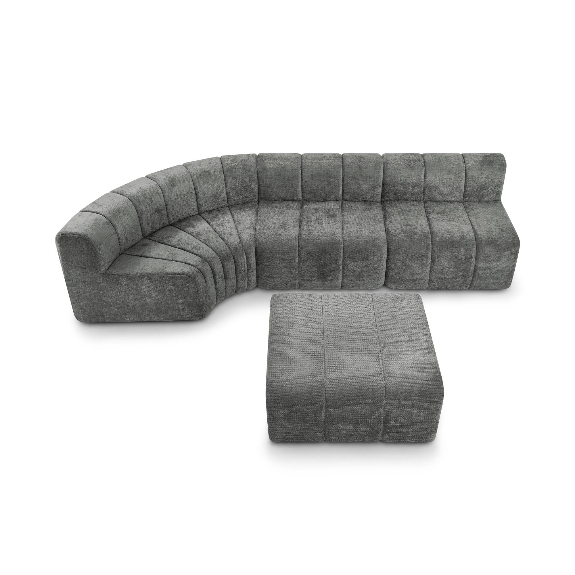 Back. Whisen - Modern Semi-Curved Sectional Chenille Floor Sofa with Movable Ottoman for Living Room - Dark Gray.
