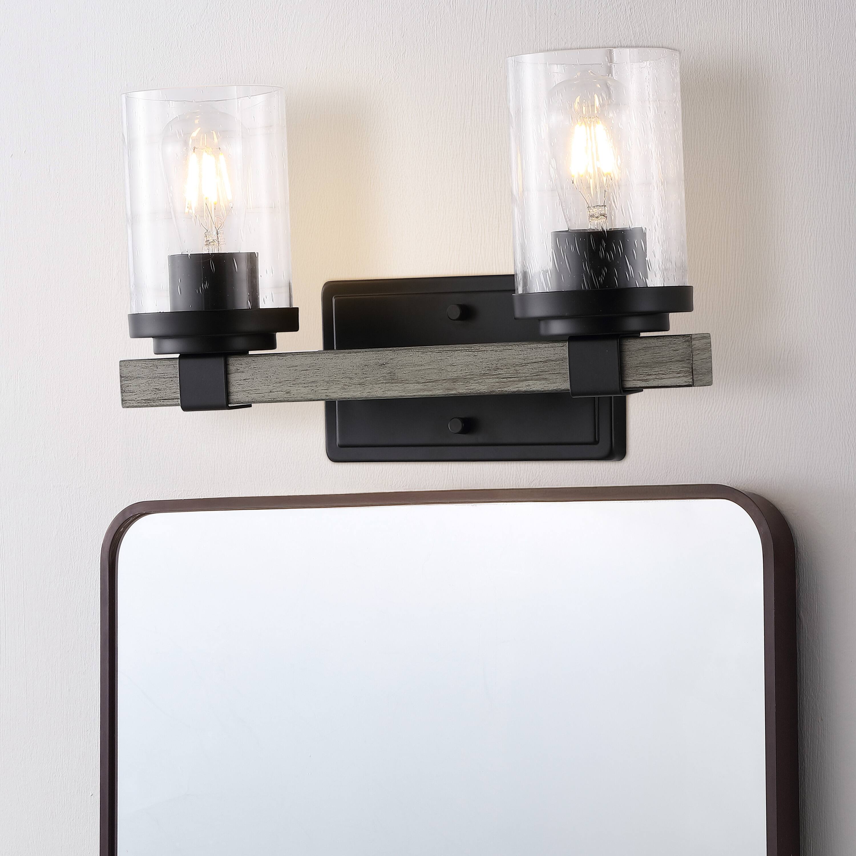Alt View 1. Jonathan Y - Bungalow 15" 2-Light Iron/Seeded Glass Rustic Farmhouse LED Vanity Light, Black/Gray Oak Wood Finish - Black/Gray Oak Wood Finish.