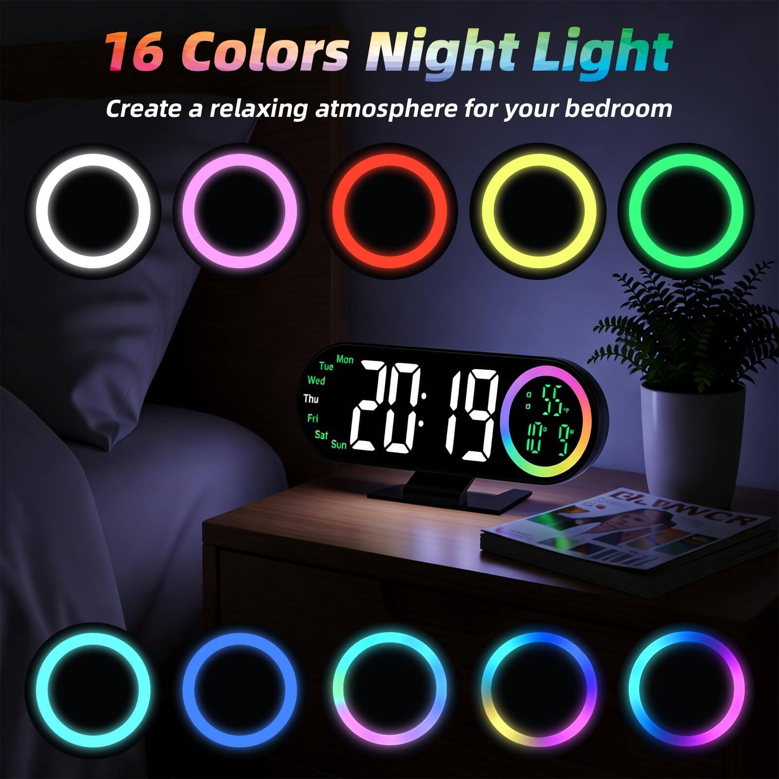 16 Colors Night Light  
Create a relaxing atmosphere for your bedroom  

Mon Tue Wed Thu Fri Sat Sun  
20:19  
55°C  
10%  
3
