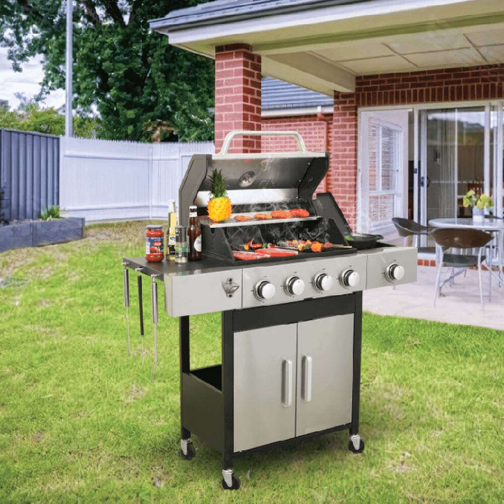Alt View 3. Resenkos - 4-Burner Propane Gas BBQ Grill with Side Burner, 46790BTU Output With Enameled Cast Iron Cooking Grids, Stainless Steel.