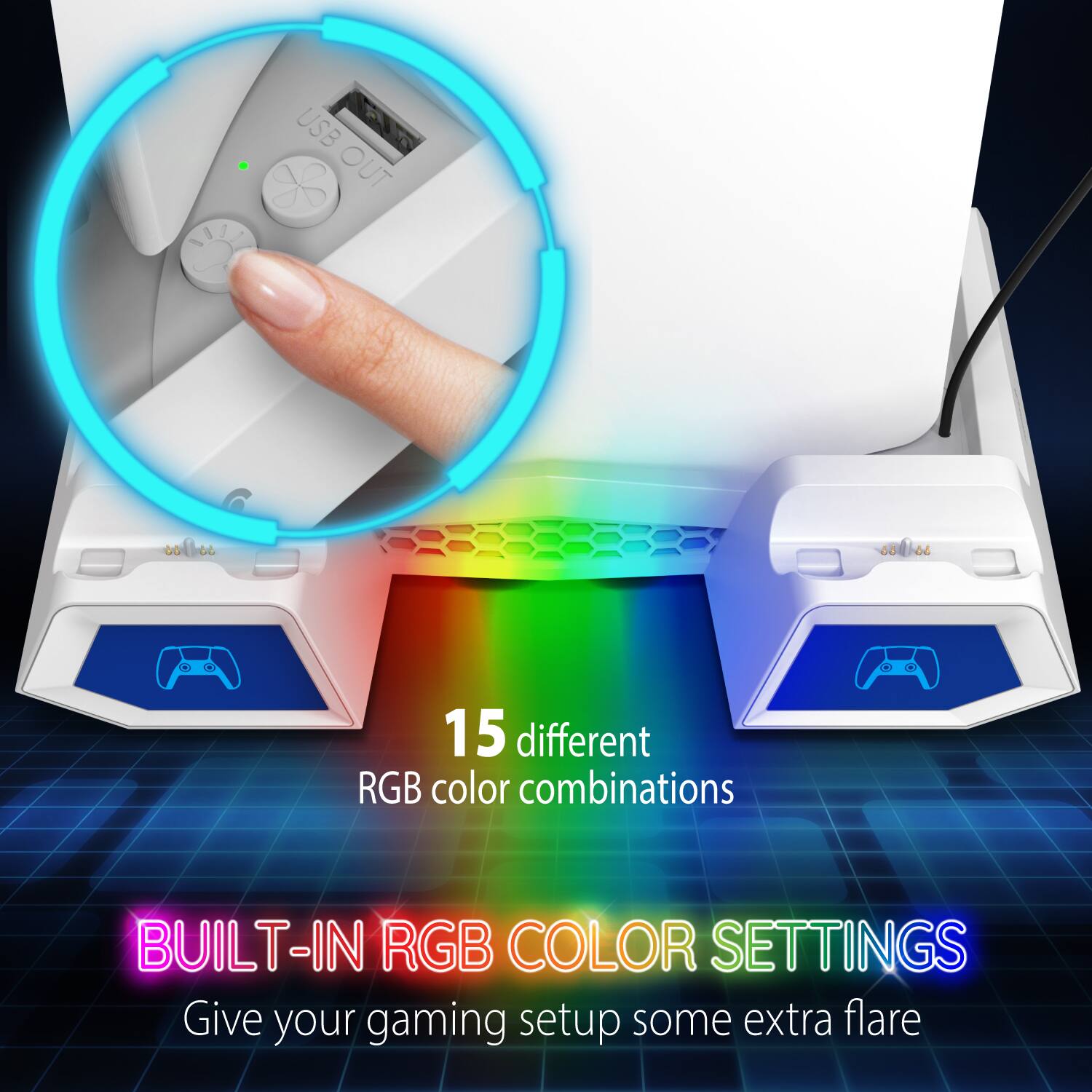 USB OUT, 15 different RGB color combinations, BUILT-IN RGB COLOR SETTINGS, Give your gaming setup some extra flare