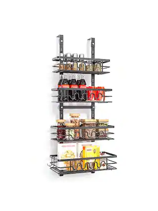 Front. GARVEE - Over The Door Pantry Organizer, 4-Tier Heavy-Duty Metal Hanging Kitchen Spice Rack, Narrow Pantry Door Organizers - Black.