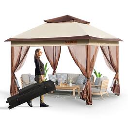 VEVOR - Patio Gazebo, 11 x 11 FT Pop up Gazebo for 8-10 Person, with Mosquito Netting, Metal Frame, PU Coated 250D Oxford Cloth - Khaki,Brown