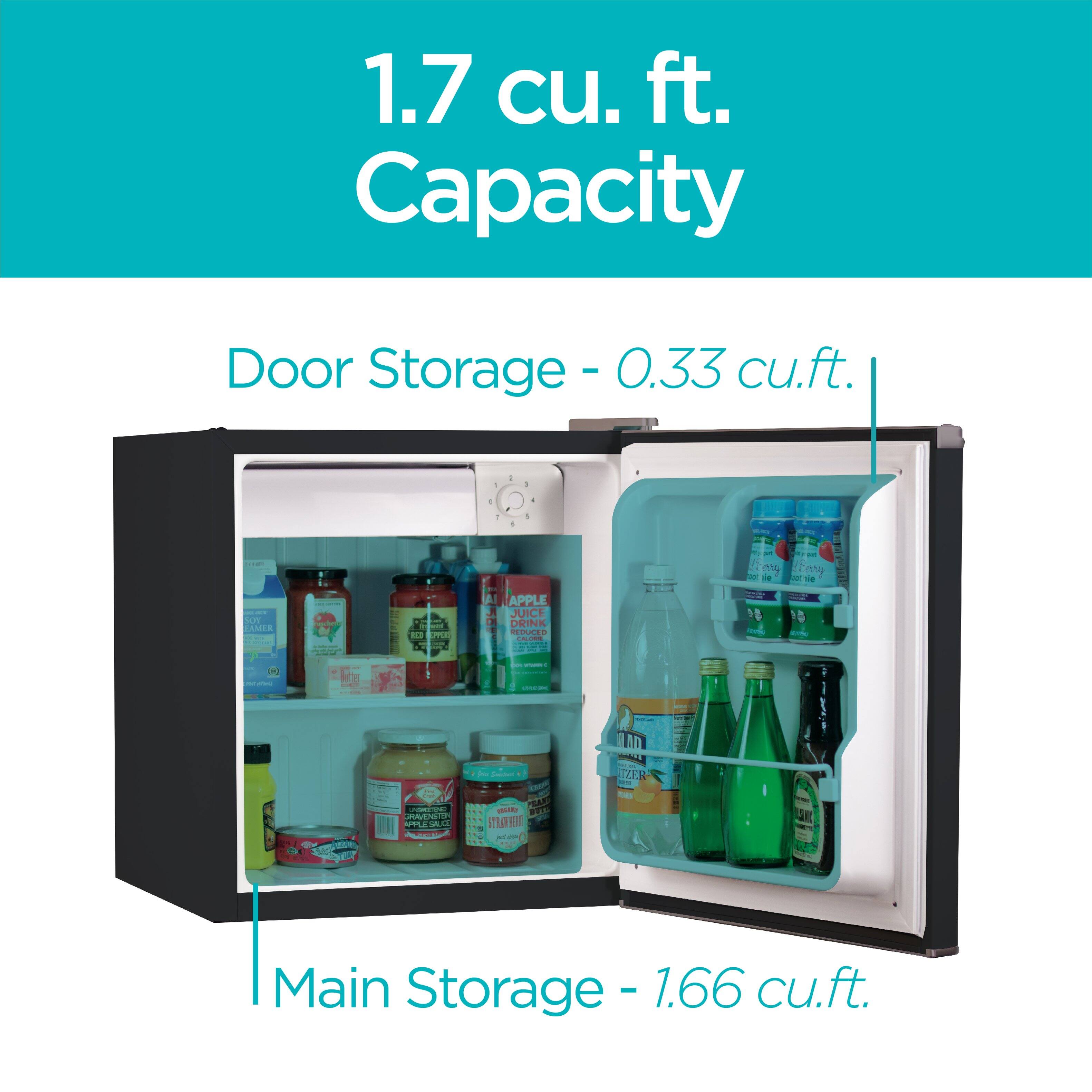 1.7 cu. ft. Capacity
Door Storage - 0.33 cu.ft.
Main Storage - 1.66 cu.ft.
