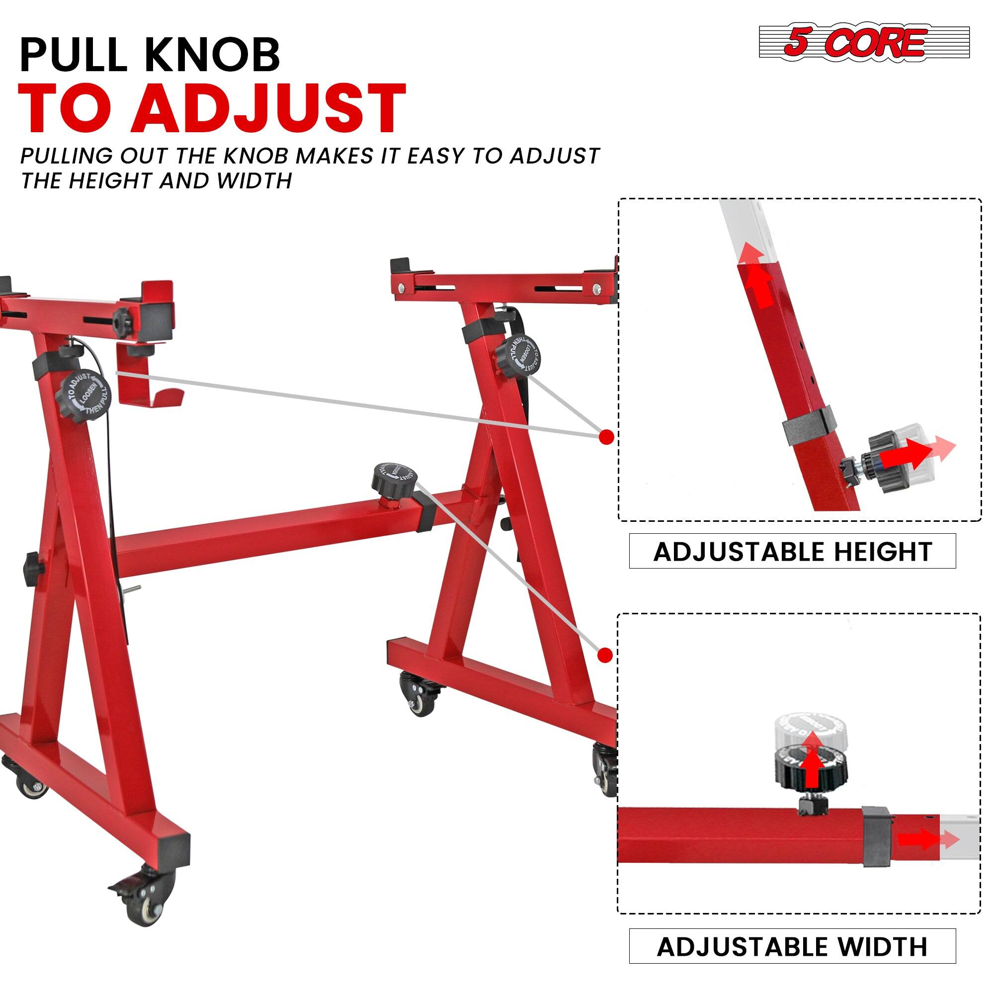 PULL KNOB TO ADJUST  
PULLING OUT THE KNOB MAKES IT EASY TO ADJUST THE HEIGHT AND WIDTH  

5 CORE  

ADJUSTABLE HEIGHT  
ADJUSTABLE WIDTH