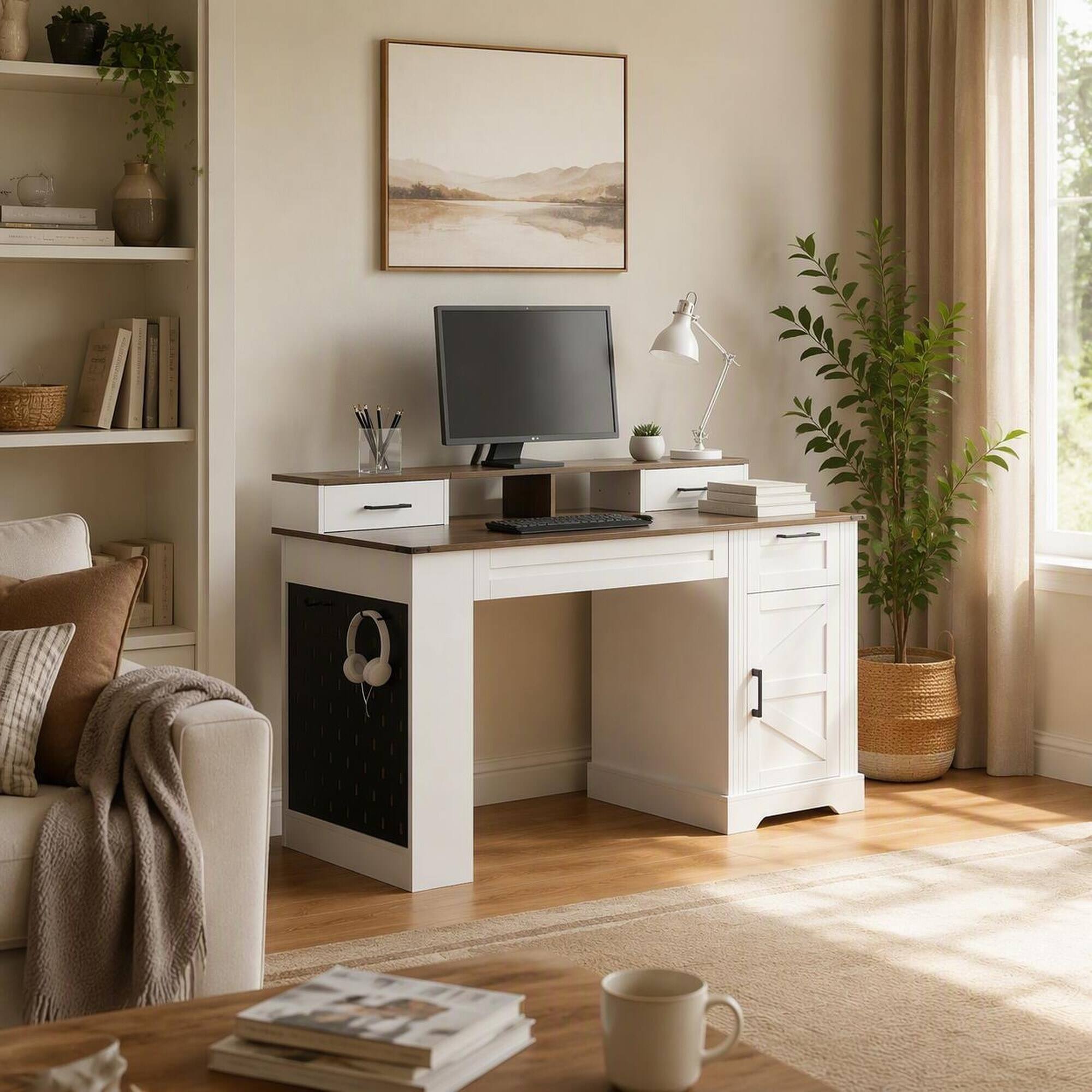 Back. RYHNUYNE - 55.12 in Farmhouse Office Desk, MDF White Computer Writing Desk with Storage Cabinet, Charging Station, Keyboard Tray - White.