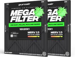 PuroAir - 18x20x1 HVAC Mega Filter MERV 13 Pleated Plus Activated Carbon Air Filter (2-Pack) - Black