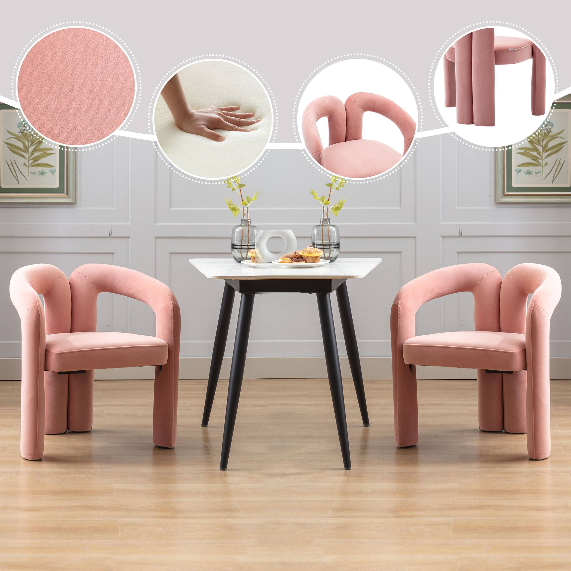 Alt View 7. Trinkets Crazed - Modern Barrel Dining Chairs Set of 2, Velvet Fabric Upholstered Kitchen  Accent Chairs with Arms/Open Back - Pink.
