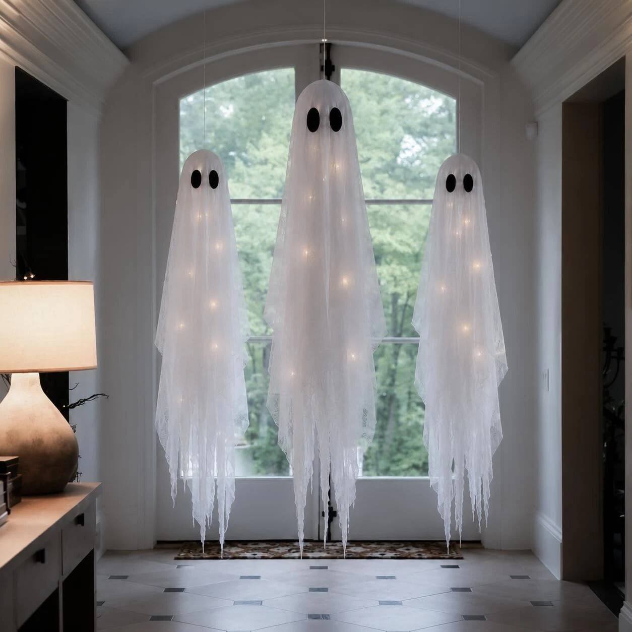 Alt View 3. FASCINATE - 3-Pack 5-ft and 4-ft Lighted Hanging Ghosts with Remote, 8 Lighting Modes and Timer - White.
