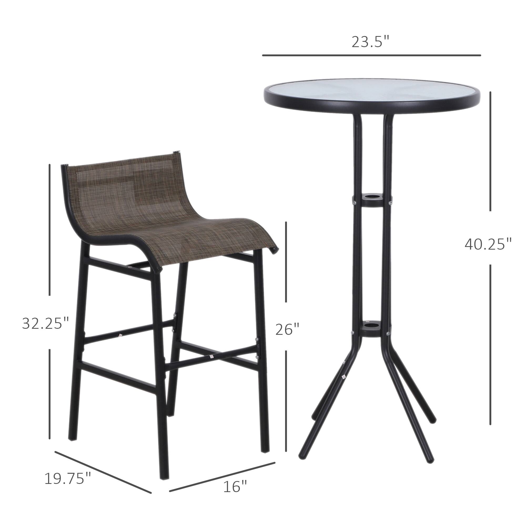 The dimensions of the chair are 32.25" in height, 19.75" in width, and 16" in depth. The dimensions of the table are 23.5" in diameter and 40.25" in height.