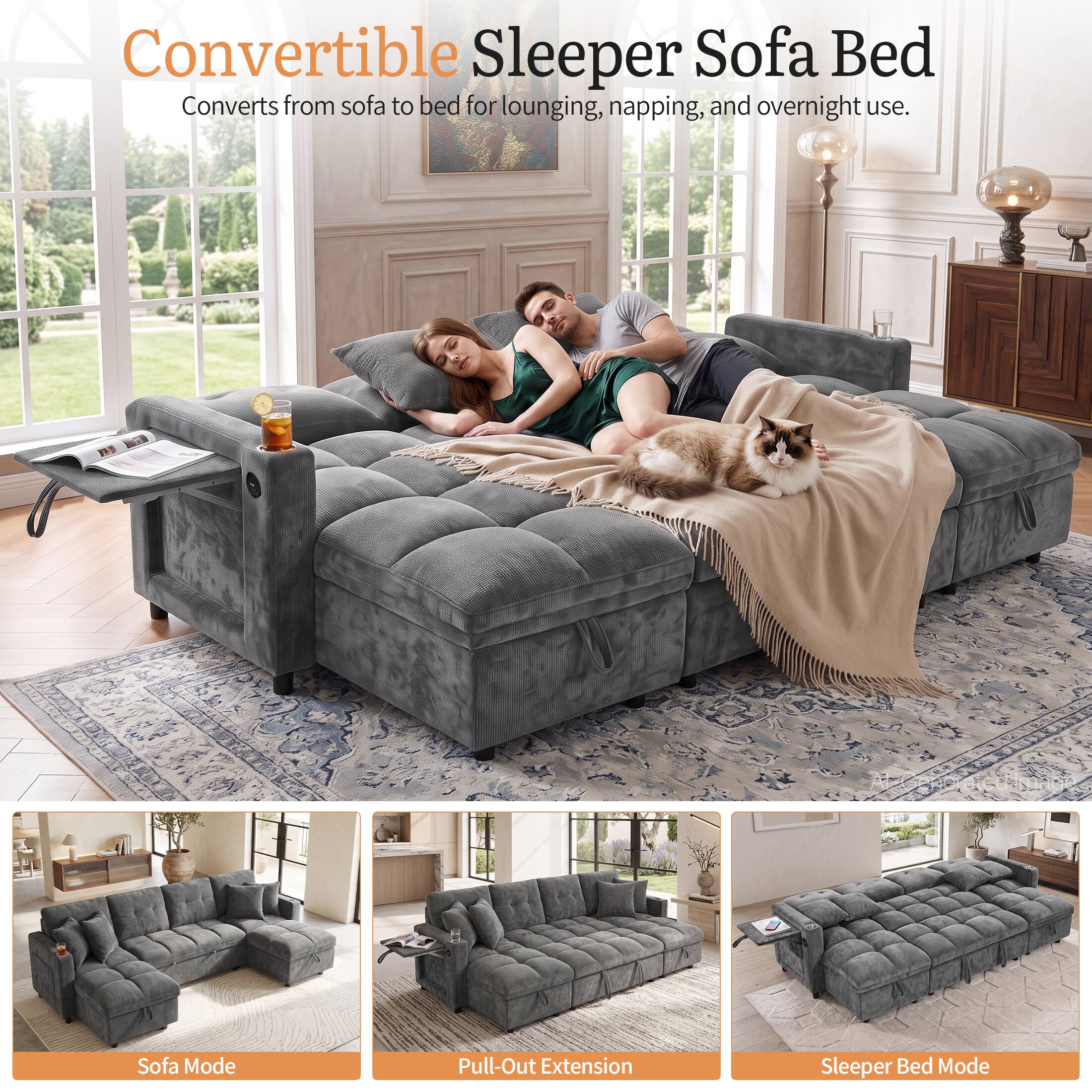 Convertible Sleeper Sofa Bed  
Converts from sofa to bed for lounging, napping, and overnight use.

DE  
Sofa Mode  
Pull-Out Extension  
Sleeper Bed Mode