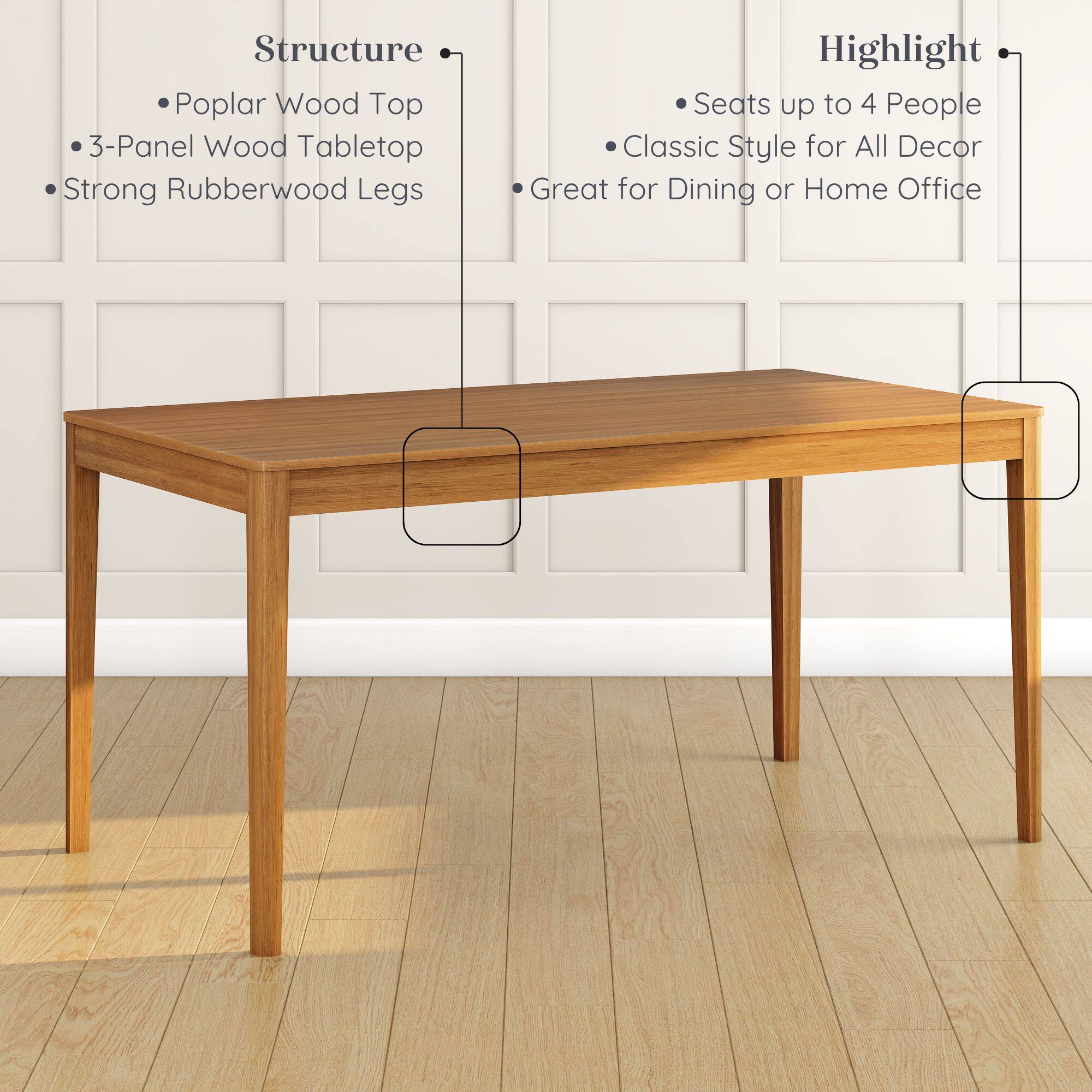 Structure:  
- Poplar Wood Top  
- 3-Panel Wood Tabletop  
- Strong Rubberwood Legs  

Highlight:  
- Seats up to 4 People  
- Classic Style for All Decor  
- Great for Dining or Home Office