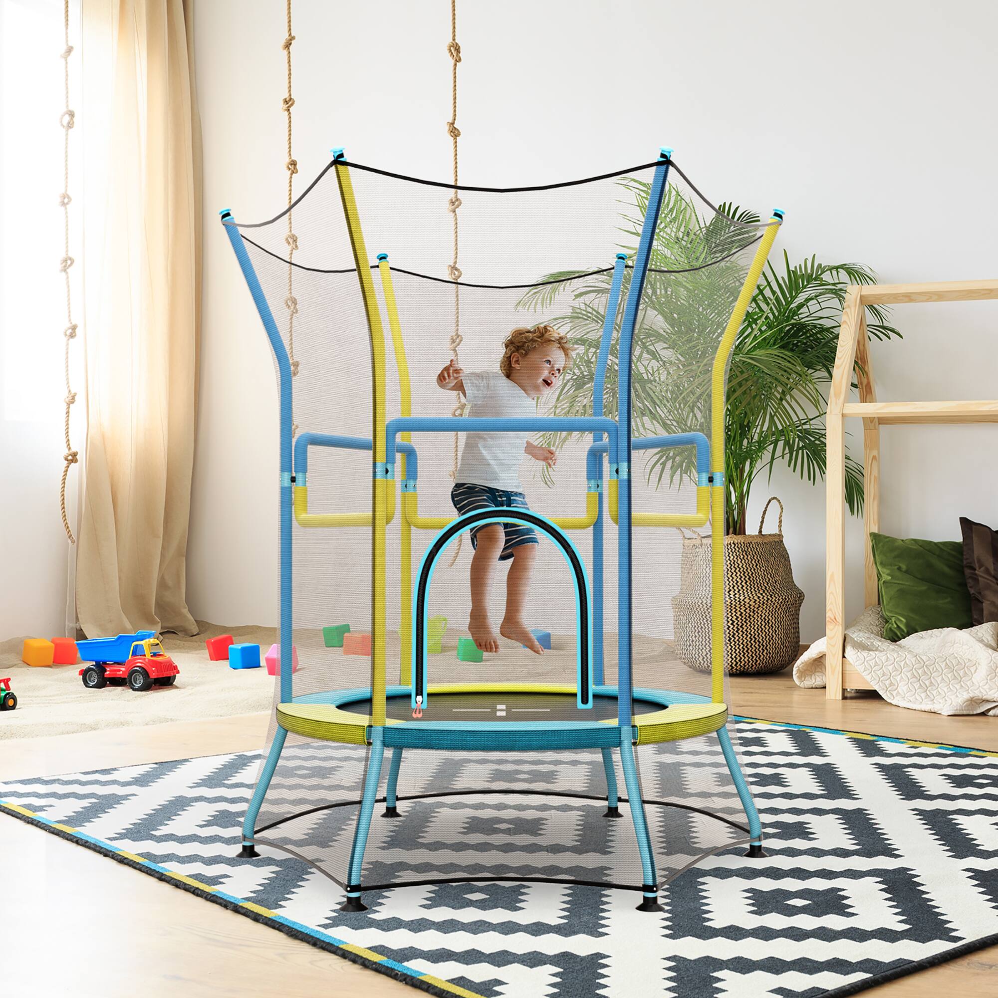 Alt View 1. Gymax - Gymax Kids Mini Trampoline w/ 59'' Higher Enclosure Net Seamless Jumping Mat Zipper Door Yellow & Blue - Yellow, Blue.