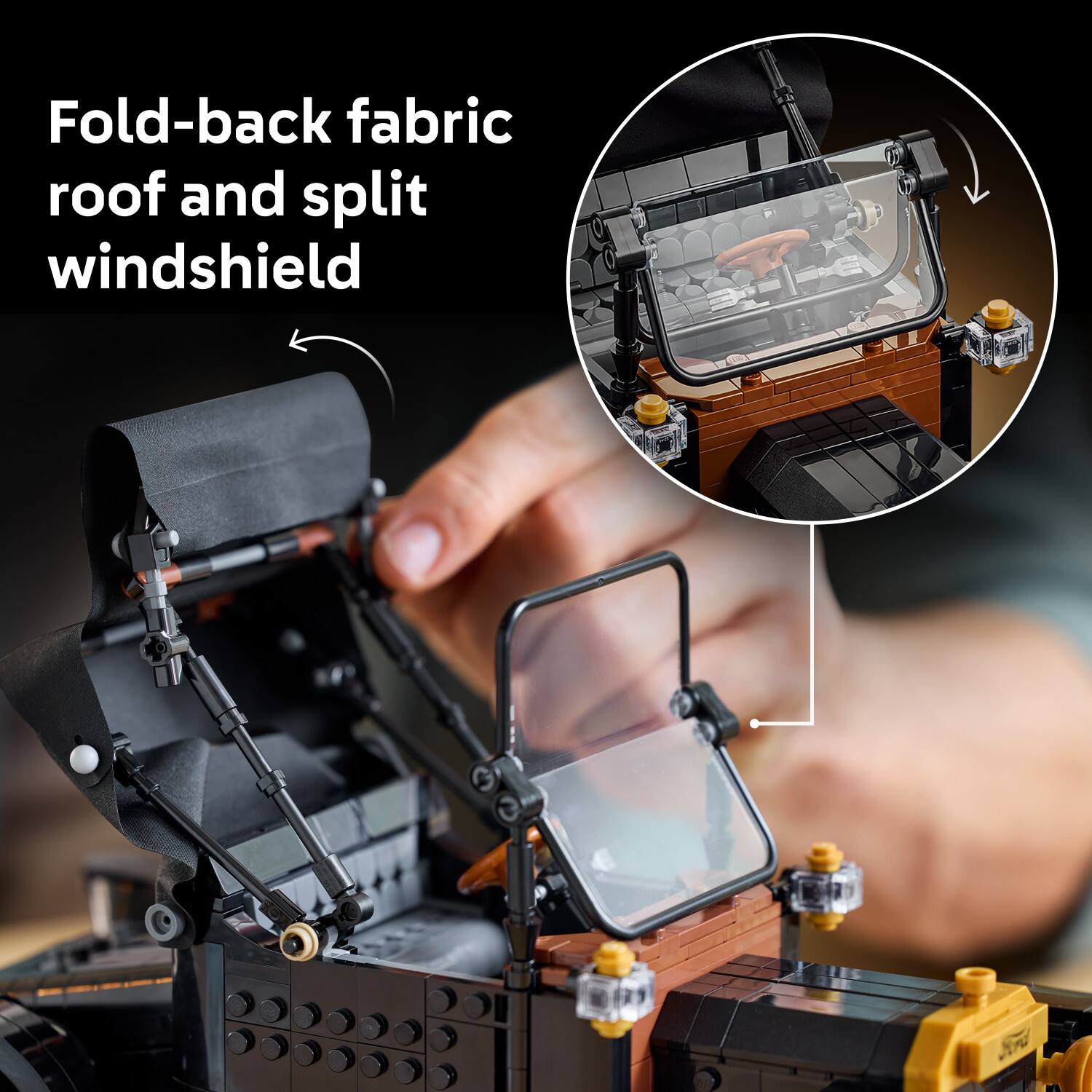 Fold-back fabric roof and split windshield